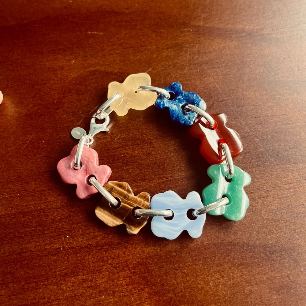 TOUS Sterling Silver Bear Multi Color Stone Charm Bracelet Chakra Rainbow Cruise